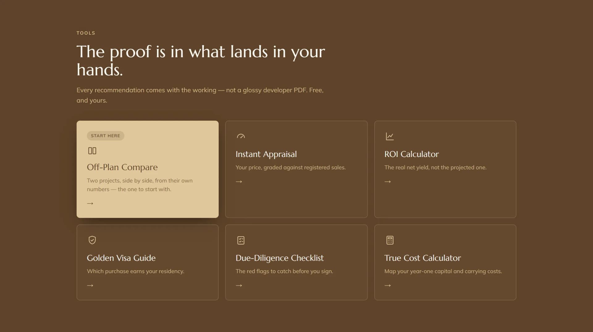 realestate.atifbinarif.com, the six free tools: Off-Plan Compare, Instant Appraisal, ROI Calculator, Golden Visa Guide, Due-Diligence Checklist, True Cost Calculator