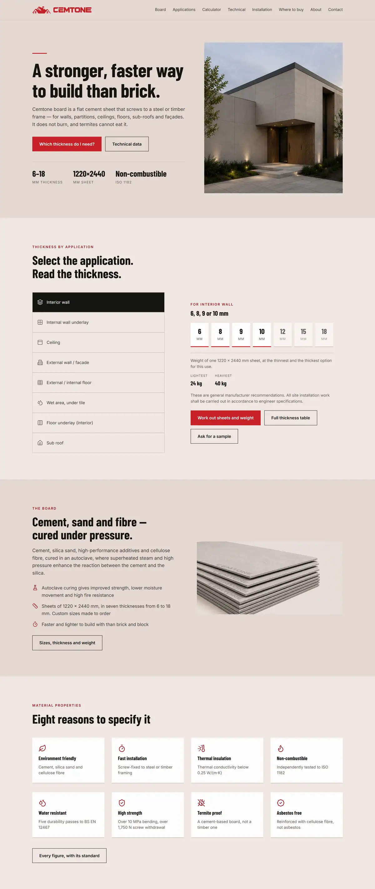 cemtone.com.pk, the home page, scrolling: the headline, the thickness for each application, the board, and eight reasons to specify it