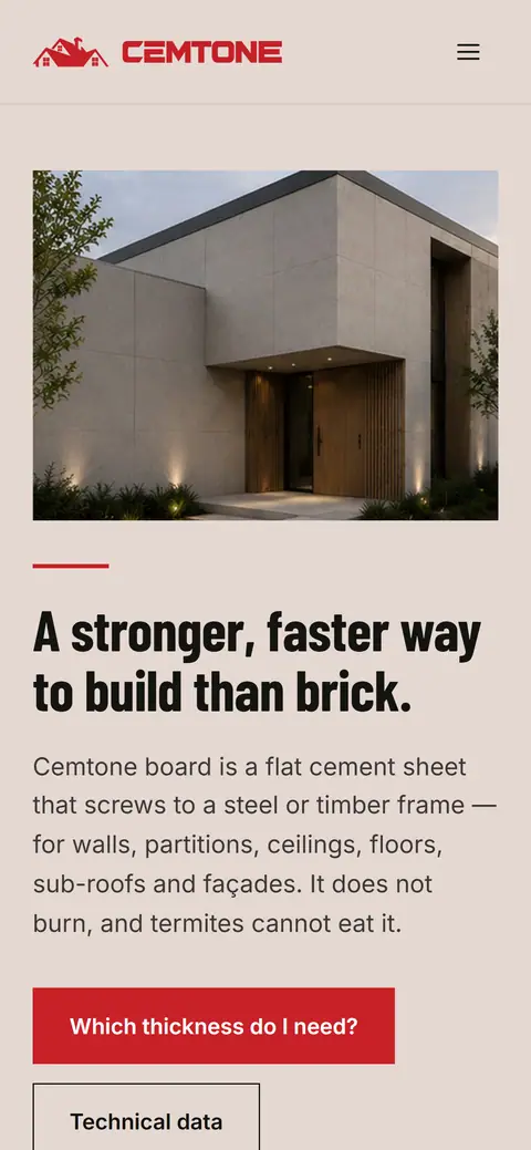 cemtone.com.pk on a phone: the headline A stronger, faster way to build than brick