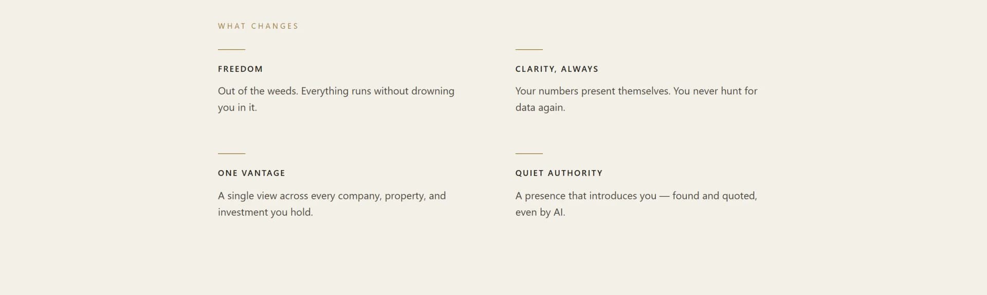 dalalandco.com, the section on what changes: freedom, clarity, one vantage, quiet authority