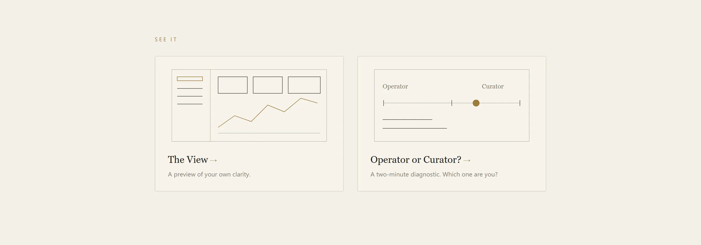 dalalandco.com, two previews: The View, a preview of your own clarity, and Operator or Curator, a two-minute diagnostic