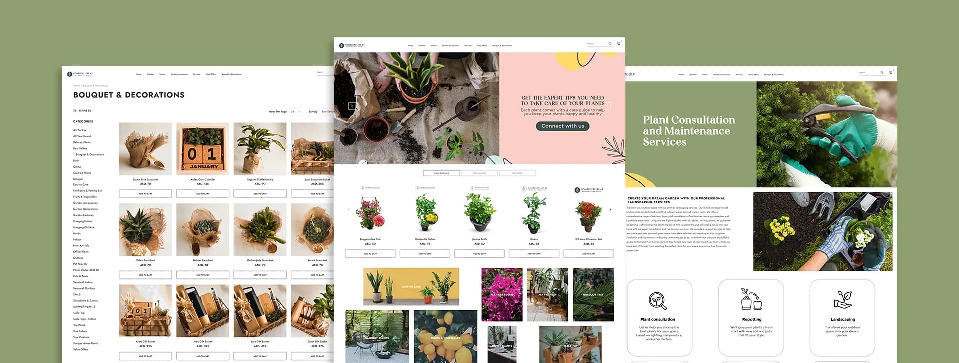 Three pages of the homesupplies.ae website side by side: a product listing, the home page and the plant services page