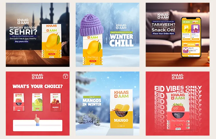 Six Khaas-o-Aam social posts in a grid: Ramadan, winter and Eid posts and a flavour poll, for its fruit snacks