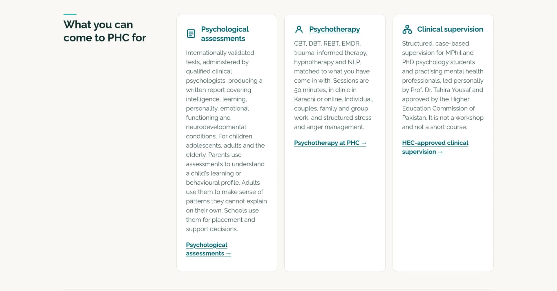 phchelps.com, the three services: assessments, psychotherapy and clinical supervision