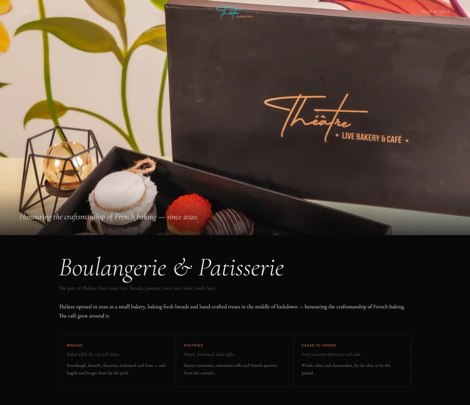theatrelivecafe.pk/bakery, the page headed Boulangerie & Patisserie: a Théâtre gift box of sweets, then breads, pastries and cakes to order