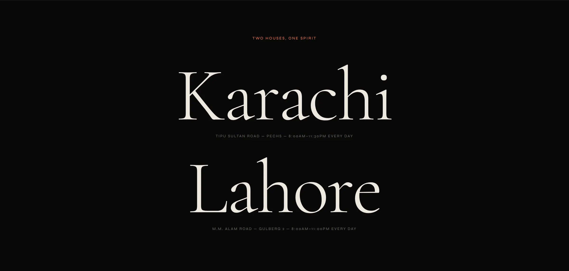 theatrelivecafe.pk, the section headed Two houses, one spirit: Karachi on Tipu Sultan Road and Lahore on M.M. Alam Road, each with its opening hours