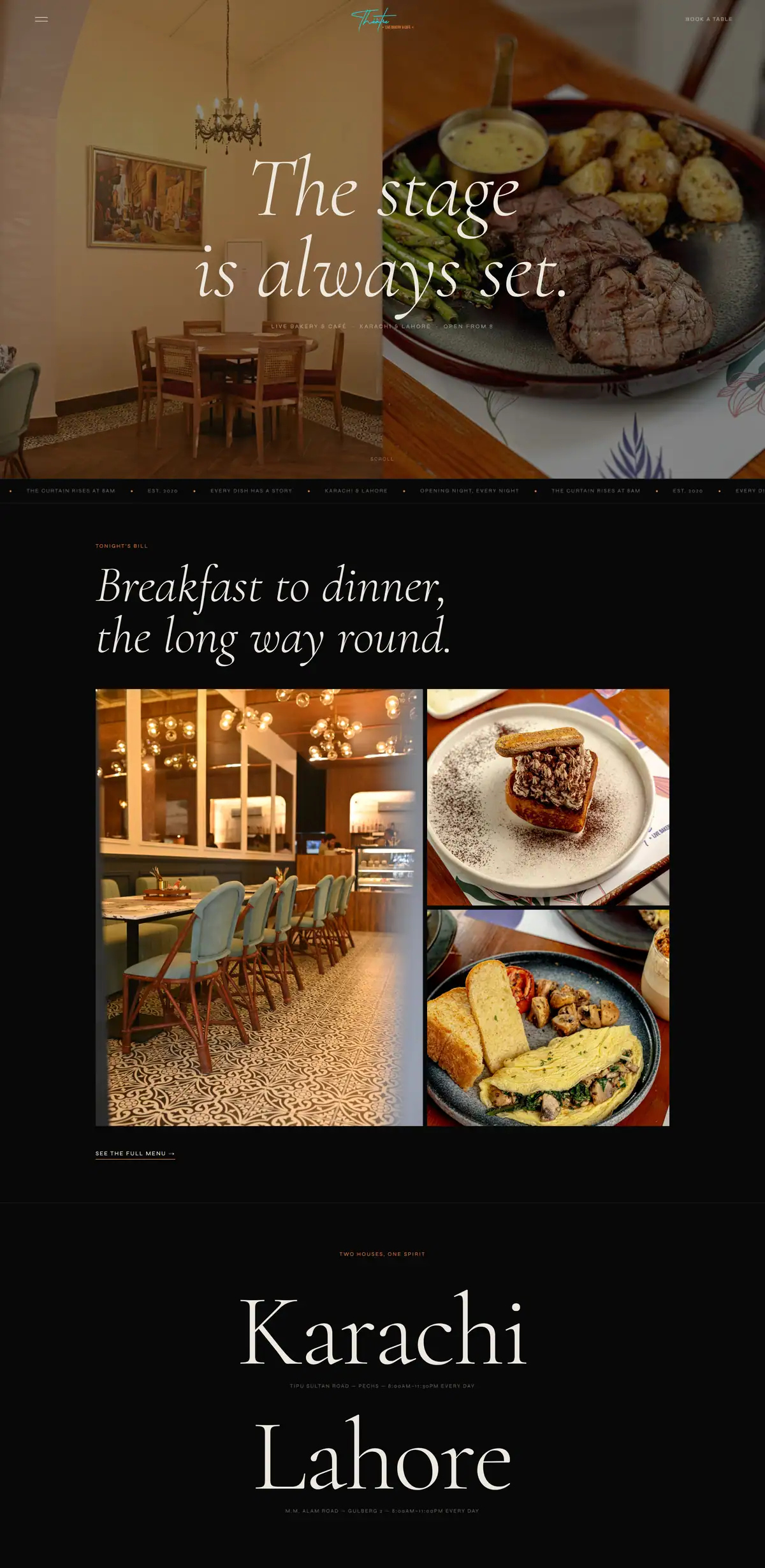 theatrelivecafe.pk, the home page, scrolling: the headline, the menu with photographs of the room and the food, and the two houses in Karachi and Lahore