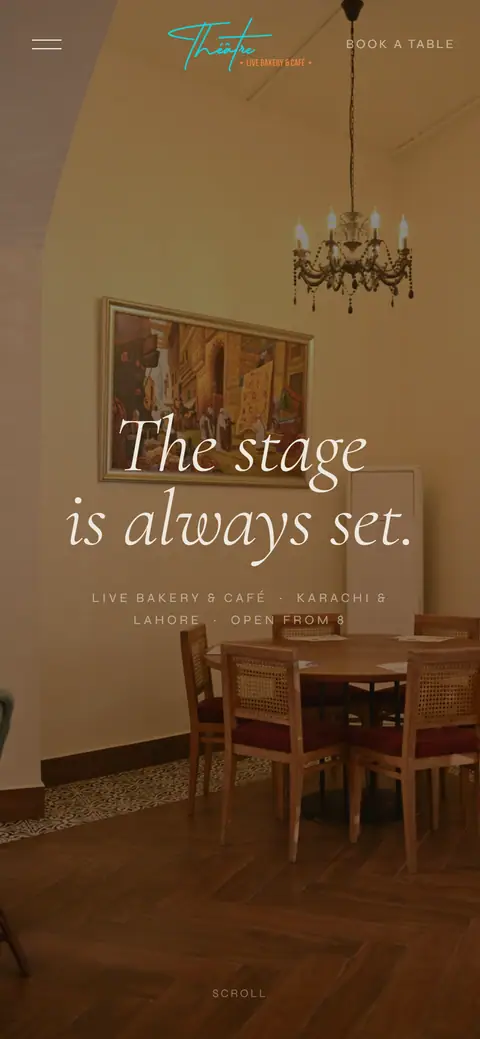 theatrelivecafe.pk on a phone: the headline The stage is always set