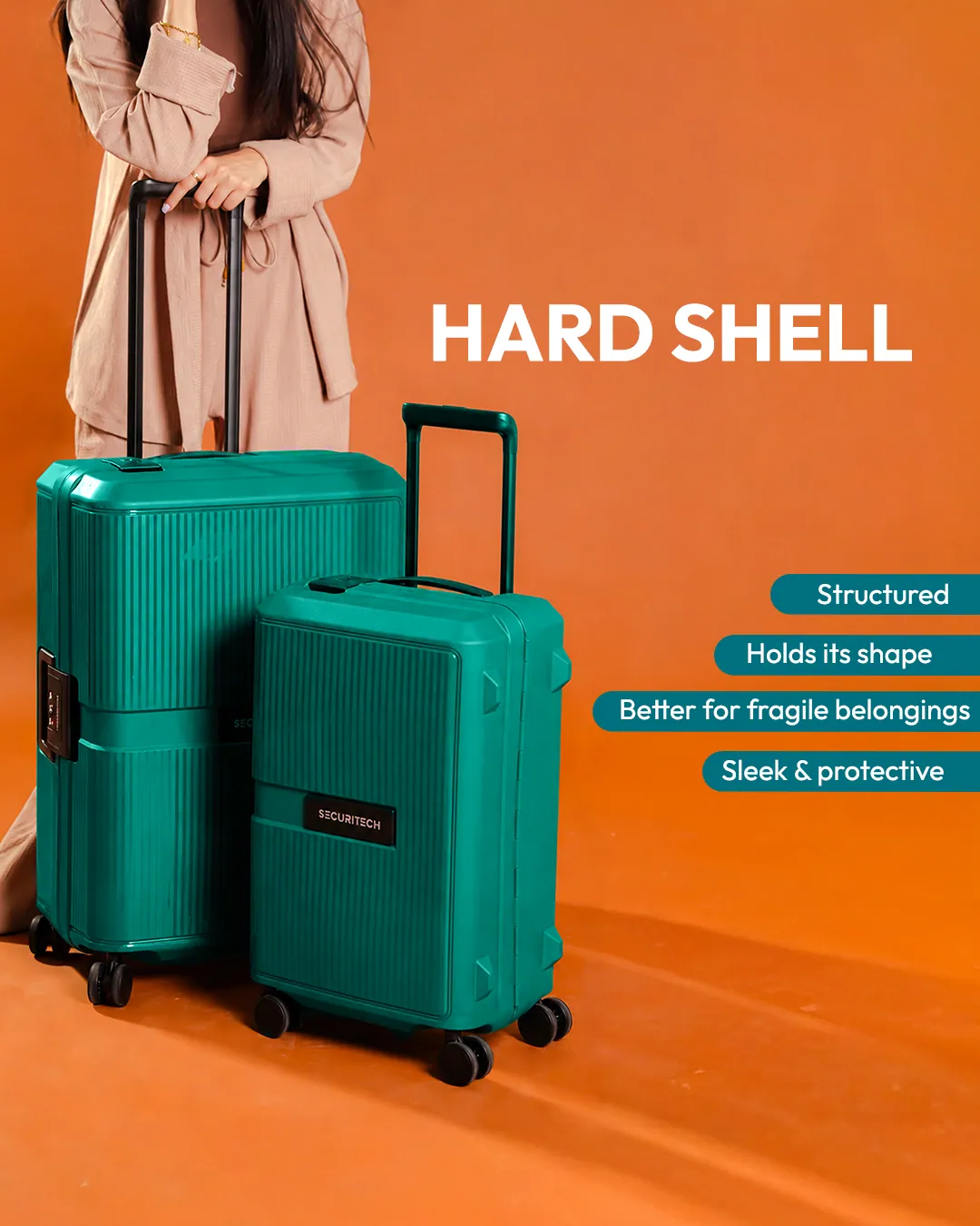 Two teal hard-shell suitcases beside a person in a beige coat, shown from the shoulders down, on orange, with their features listed