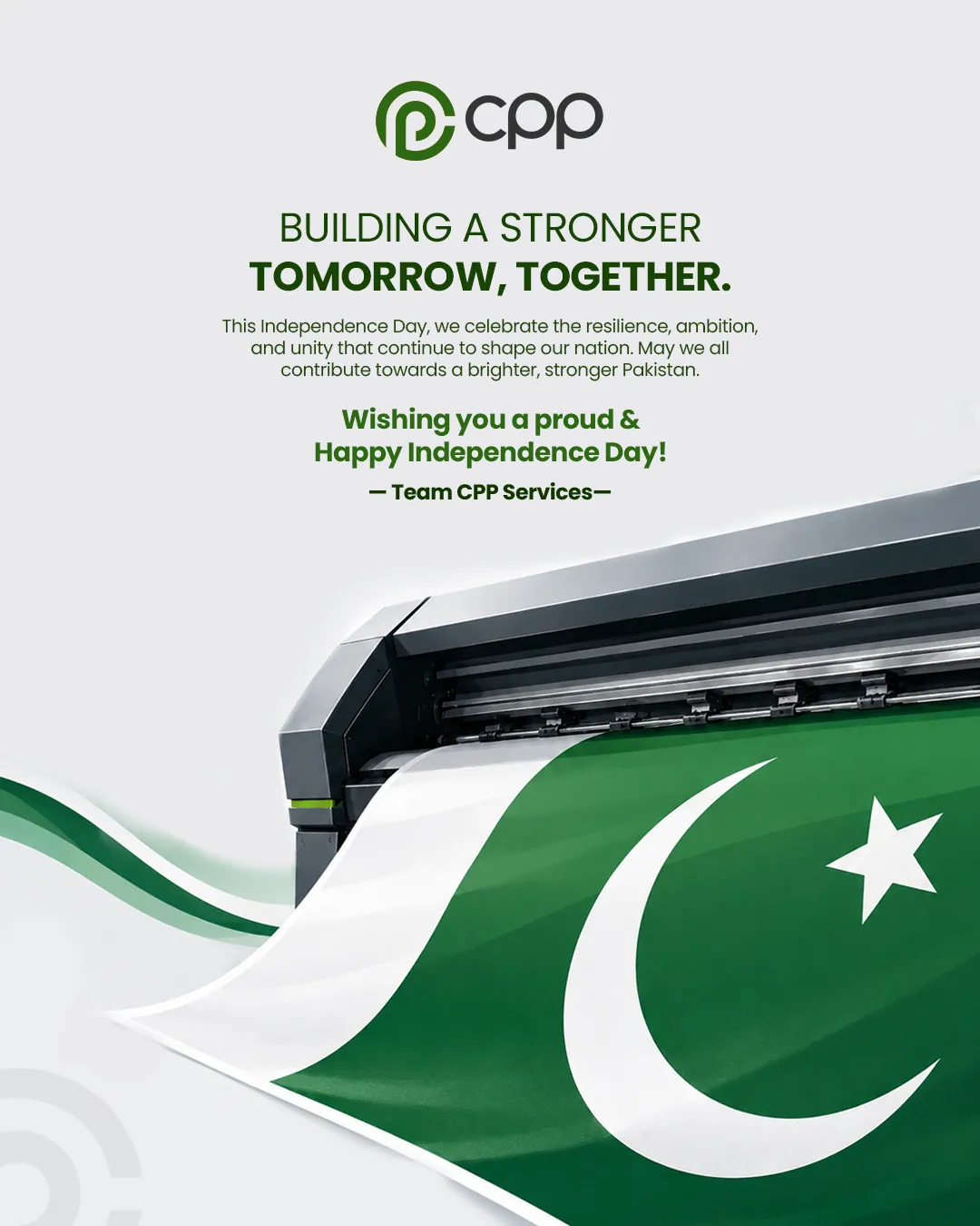 A printer feeding out a Pakistan flag, under the words Building a stronger tomorrow, together