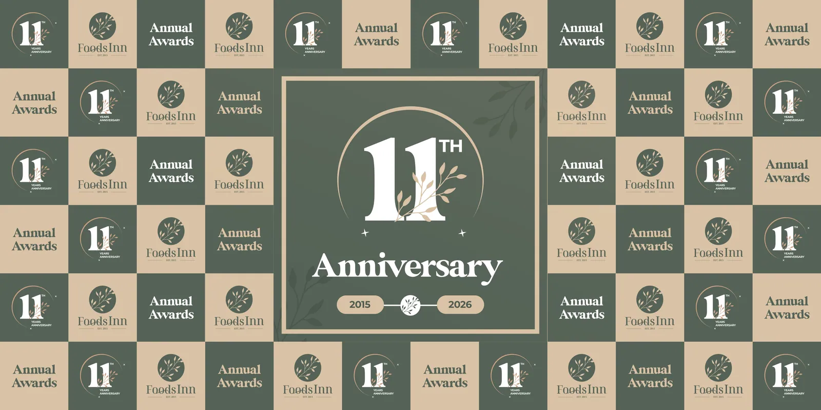 A step-and-repeat media wall in green and beige: the Foods Inn 11th Anniversary emblem, 2015 to 2026, among Annual Awards tiles