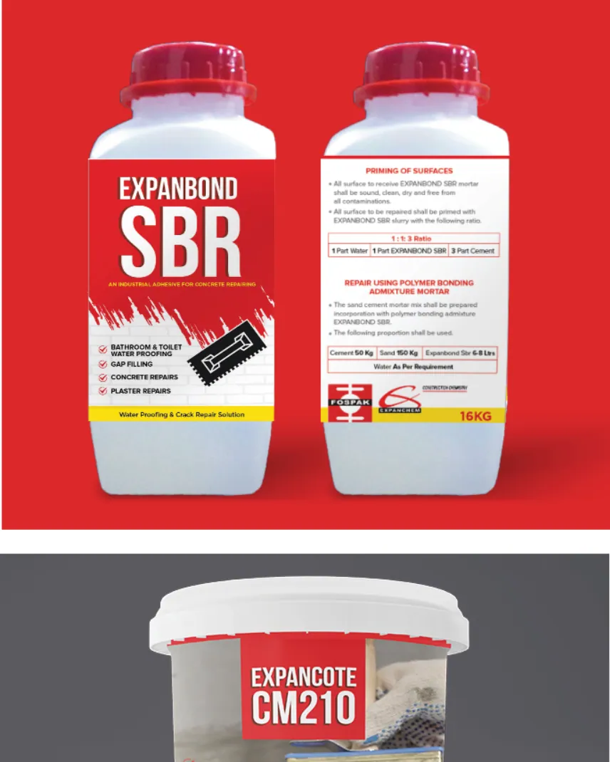Two Fospak Expanbond SBR bottles on red, above a tub of Expancote