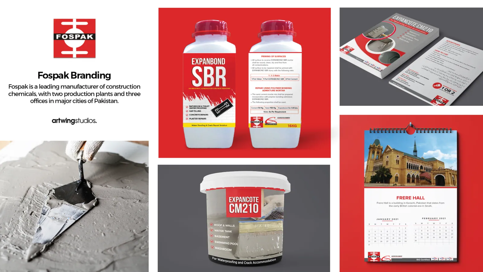 Fospak's logo, two Expanbond SBR bottles, an Expancrete tub, a trowel on concrete, letterheads and a wall calendar
