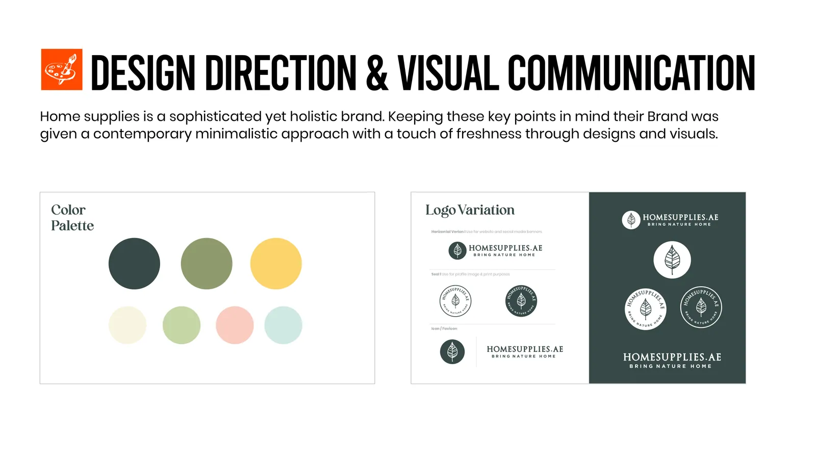 A design-direction page: a palette of greens and soft tones, and the logo on dark green and on white