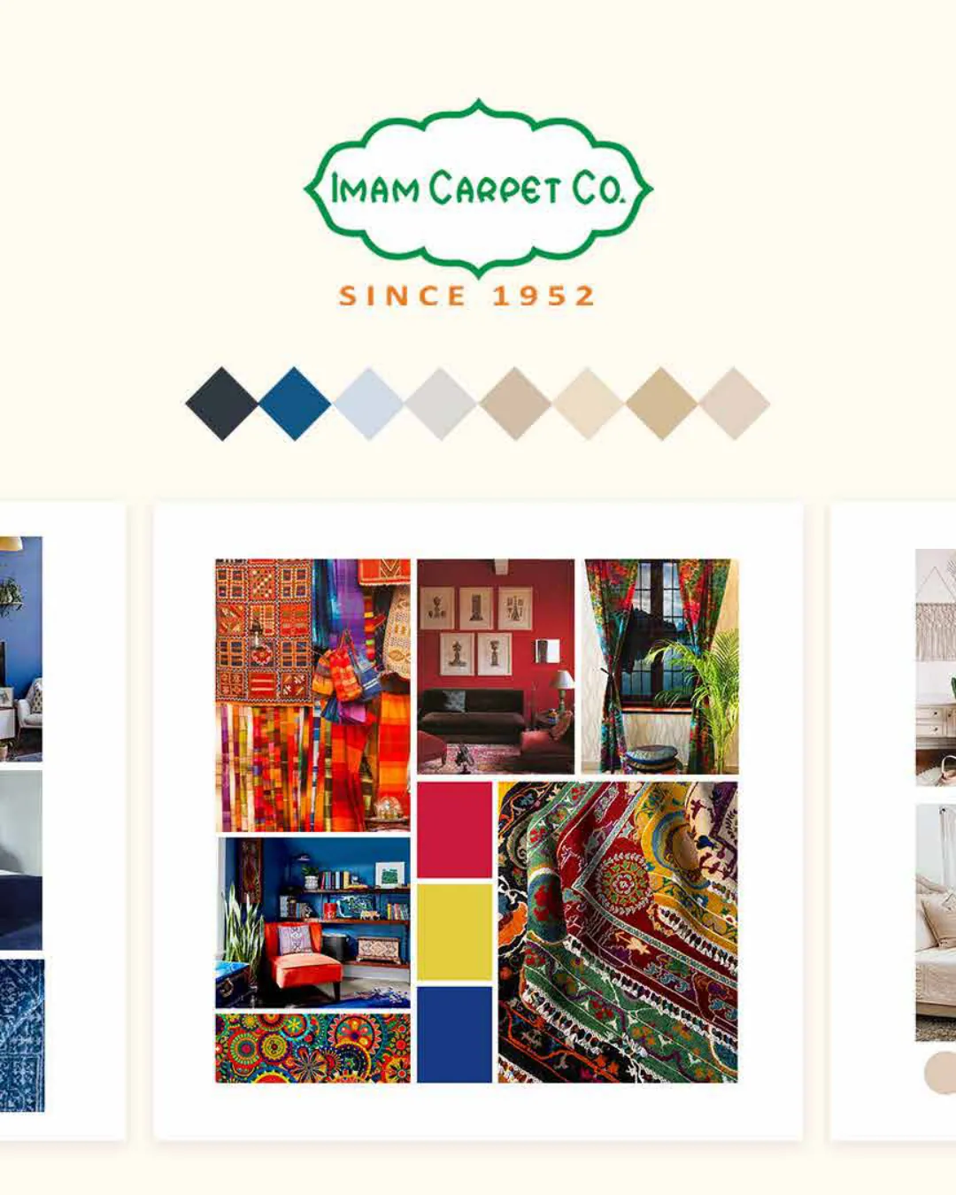 The green oval Imam Carpet Co. logo with room scenes