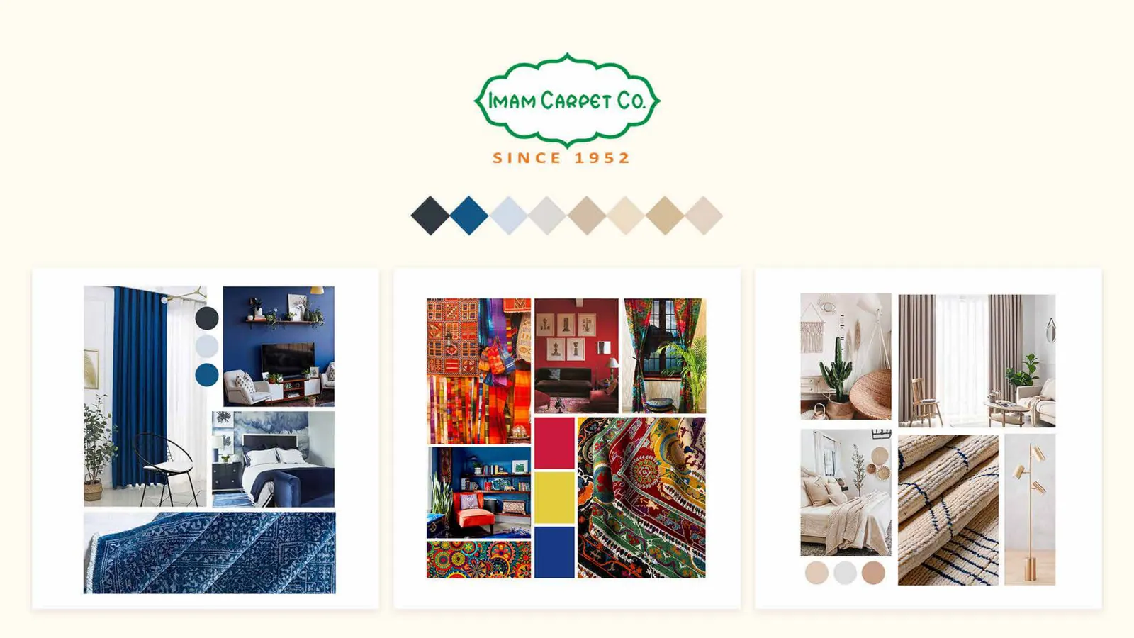 The green oval Imam Carpet Co. since 1952 logo, a row of colour diamonds and three room scenes with carpets