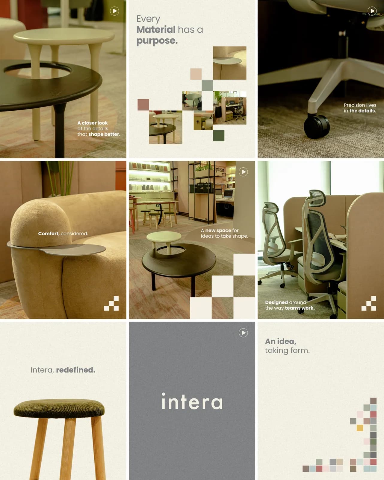 Nine Intera posts as one grid: chairs, a sofa, a stool, material swatches and the intera wordmark on warm neutrals