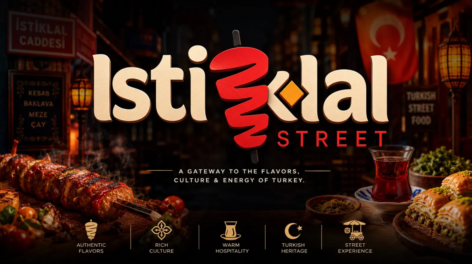 Istiklal Street brand guideline cover: the red and white logo, a gateway to the flavours, culture and energy of Turkey, over a dark street-food scene