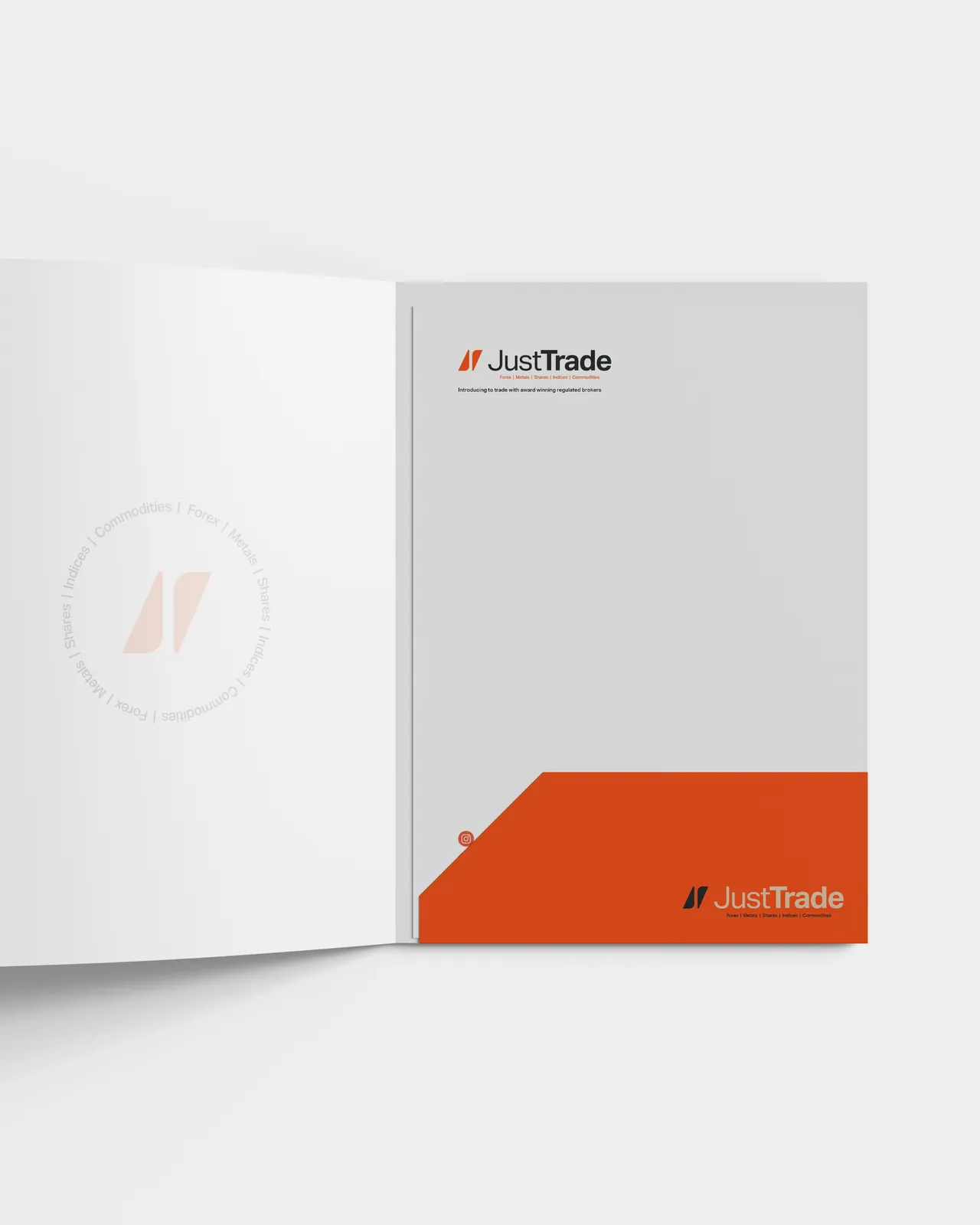 An open Just Trade presentation folder with an orange pocket