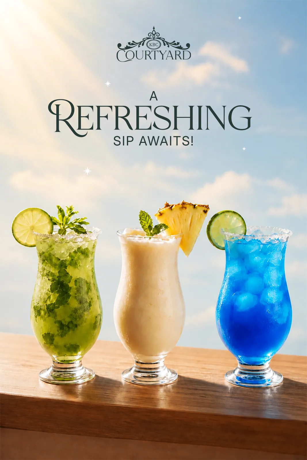 A KBC Courtyard table standee: three drinks in green, white and blue on a wooden counter, under the words A refreshing sip awaits