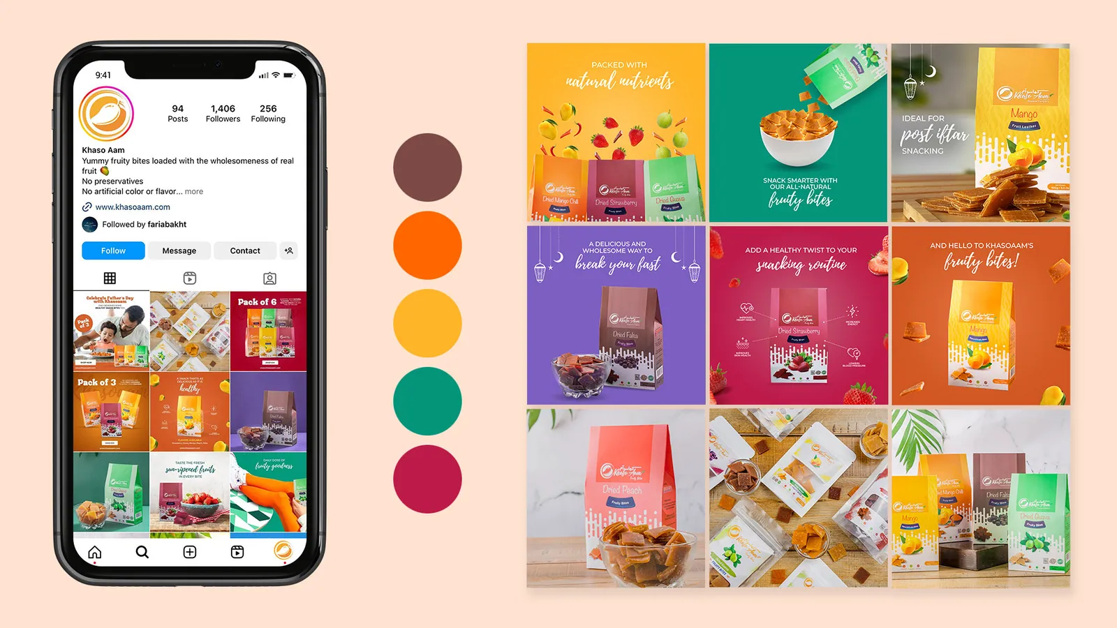 A phone showing Khaas-o-Aam's Instagram profile, five colour dots and a grid of bright snack-pouch posts