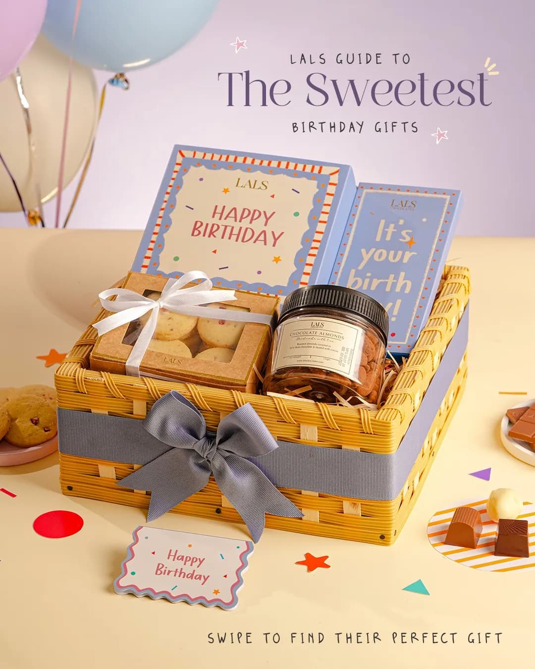 A woven gift basket of Lals cookies and a jar, with birthday cards, under the words Lals guide to the sweetest birthday gifts