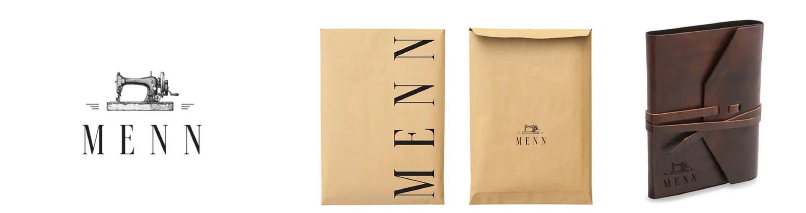 The MENN logo with a sewing-machine drawing, kraft mailer envelopes printed MENN, and a brown leather journal stamped with the logo
