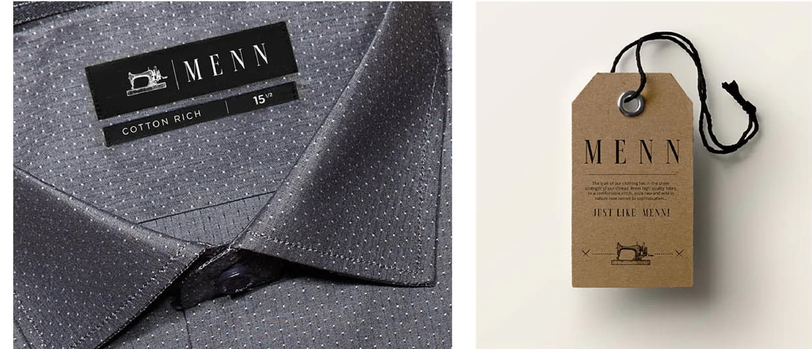 A black MENN label sewn into a grey shirt collar, and a kraft swing tag on black string