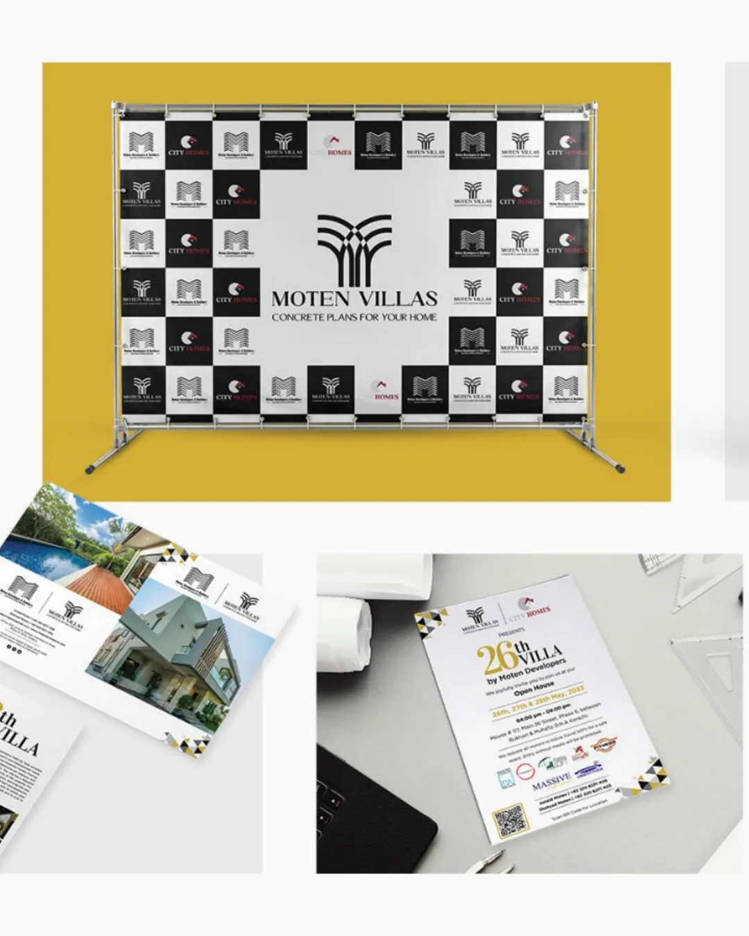 A Moten Villas step-and-repeat backdrop and two standees
