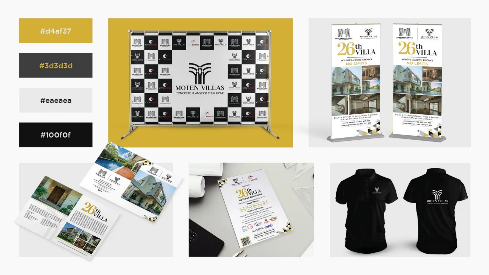 Moten Villas colours, a step-and-repeat backdrop, two standees for the 26th Villa, a brochure, a flyer and two black polo shirts