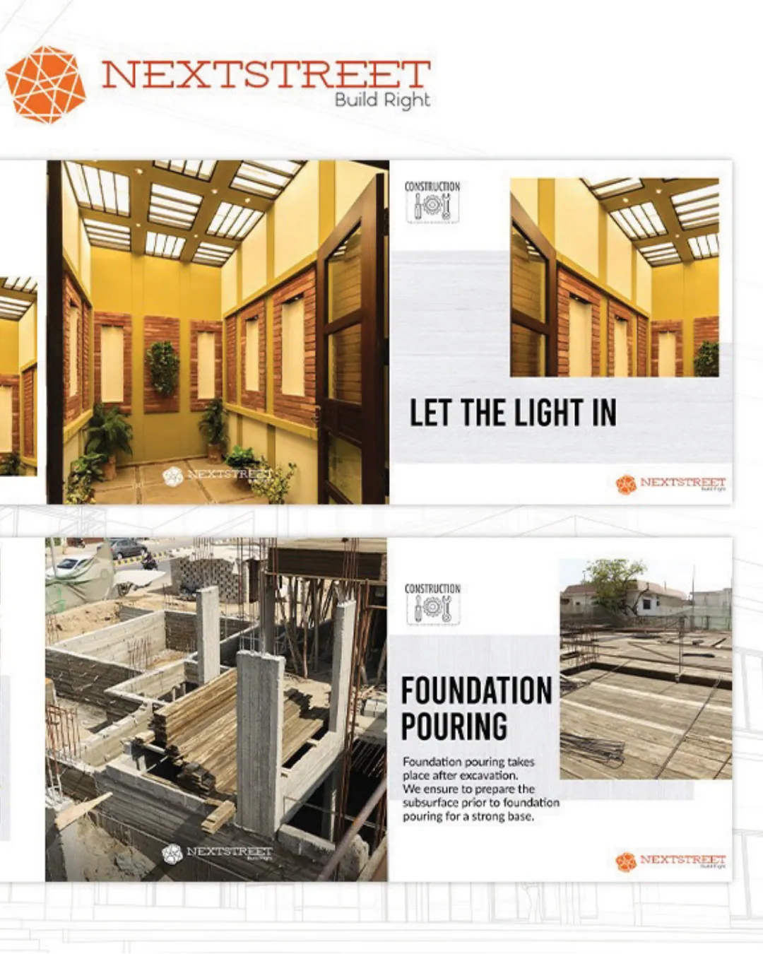 Next Street posts titled Let the light in and Foundation pouring, over photographs of a building site