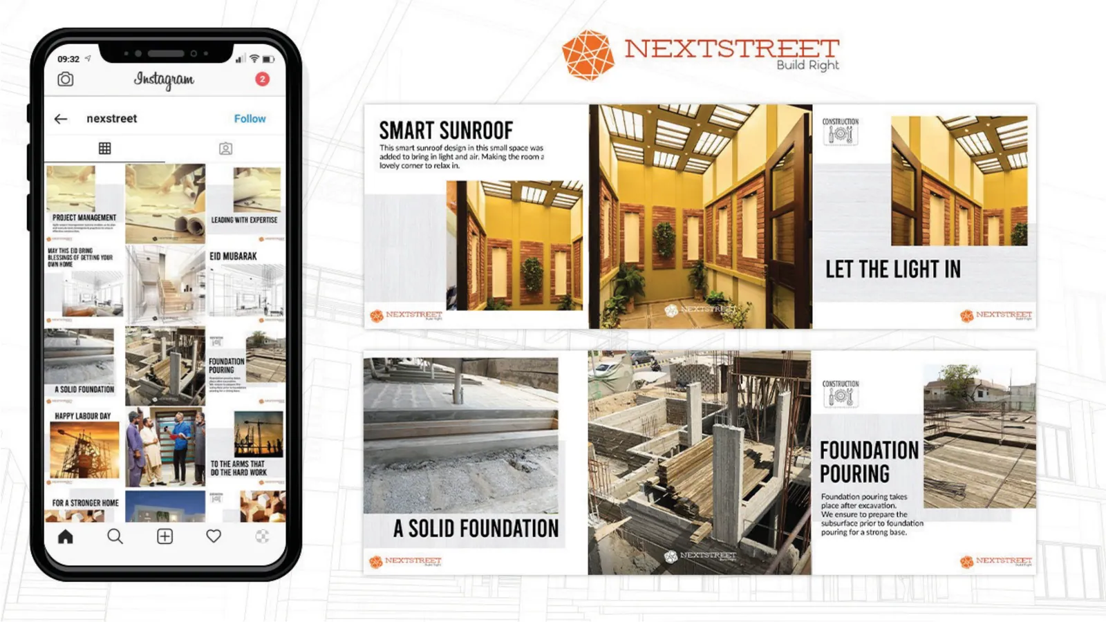 A phone with Next Street's Instagram grid beside posts titled Smart sunroof, Let the light in and Foundation pouring