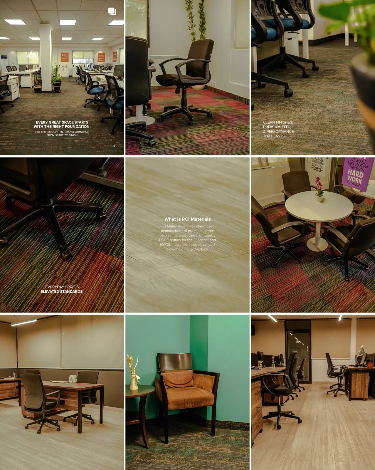 Nine PCI Interiors posts as one grid: offices with patterned carpet, wooden floors and meeting rooms