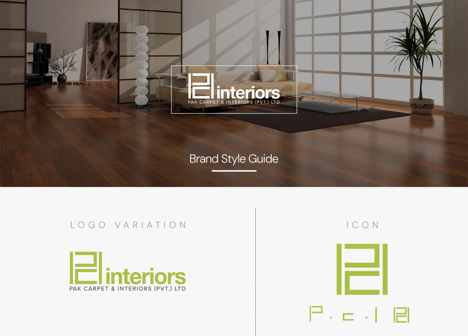 PCI Interiors brand style guide: the cover over a wooden floor, then the green logo and its P-C-I icon