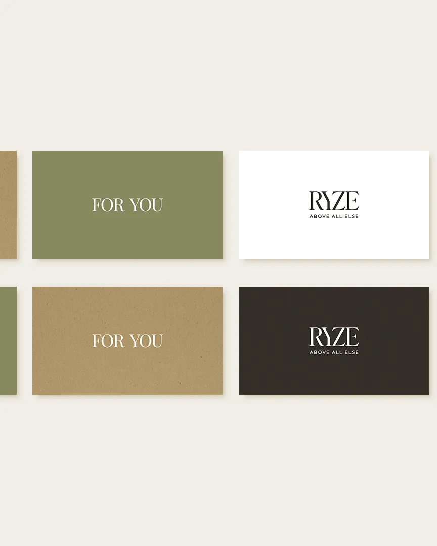 RYZE gift cards: For You on moss green and on kraft, and the RYZE mark on white and on black