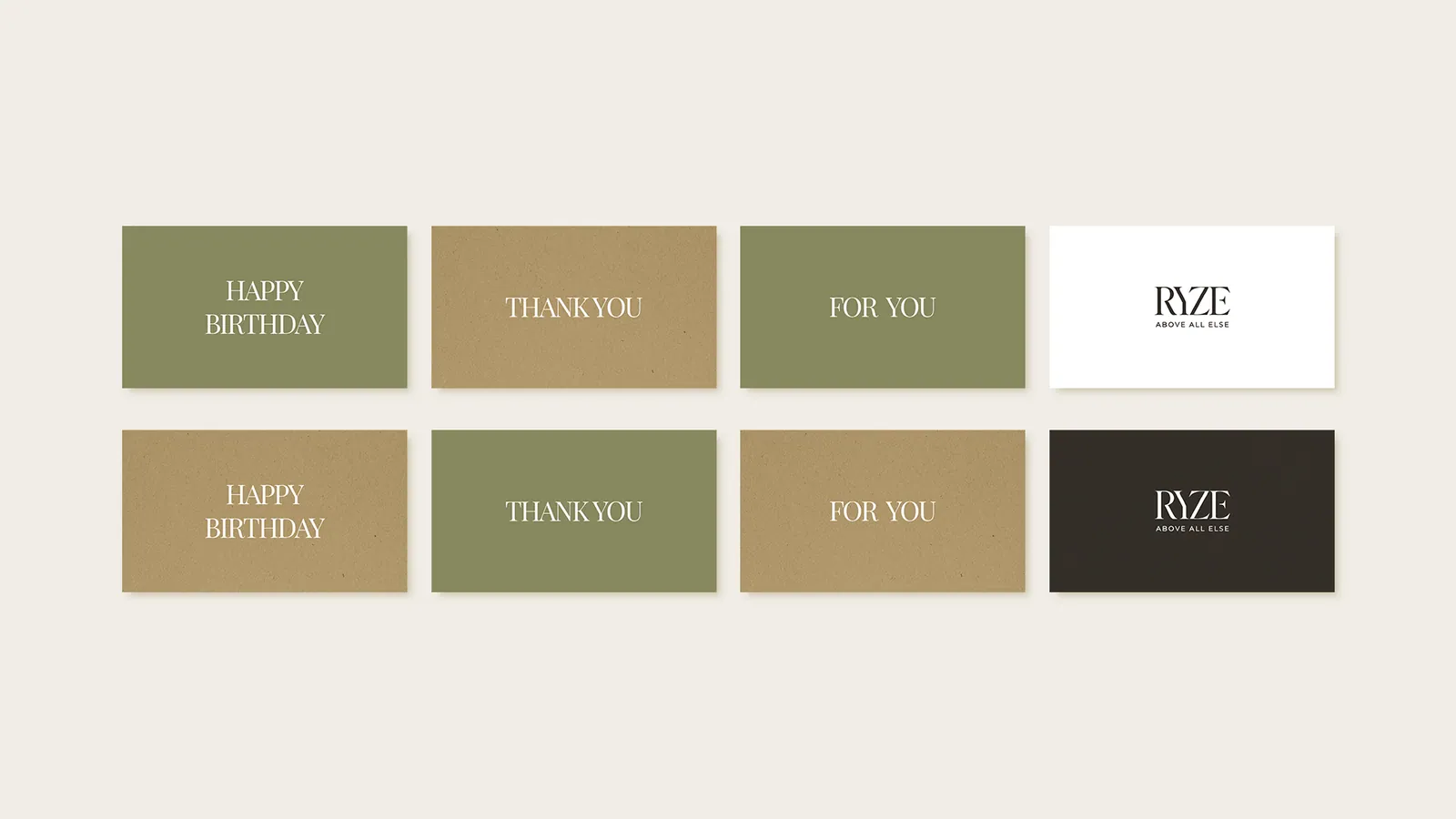 Eight RYZE gift cards on moss green and kraft: Happy Birthday, Thank You, For You and the RYZE mark with Above All Else