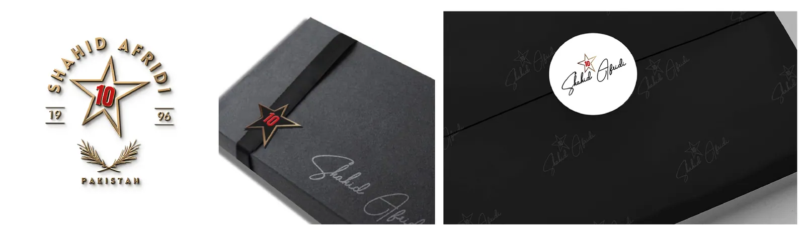 The star-crest Shahid Afridi Pakistan logo, a black gift box with a red star and a box lid with a round signature sticker