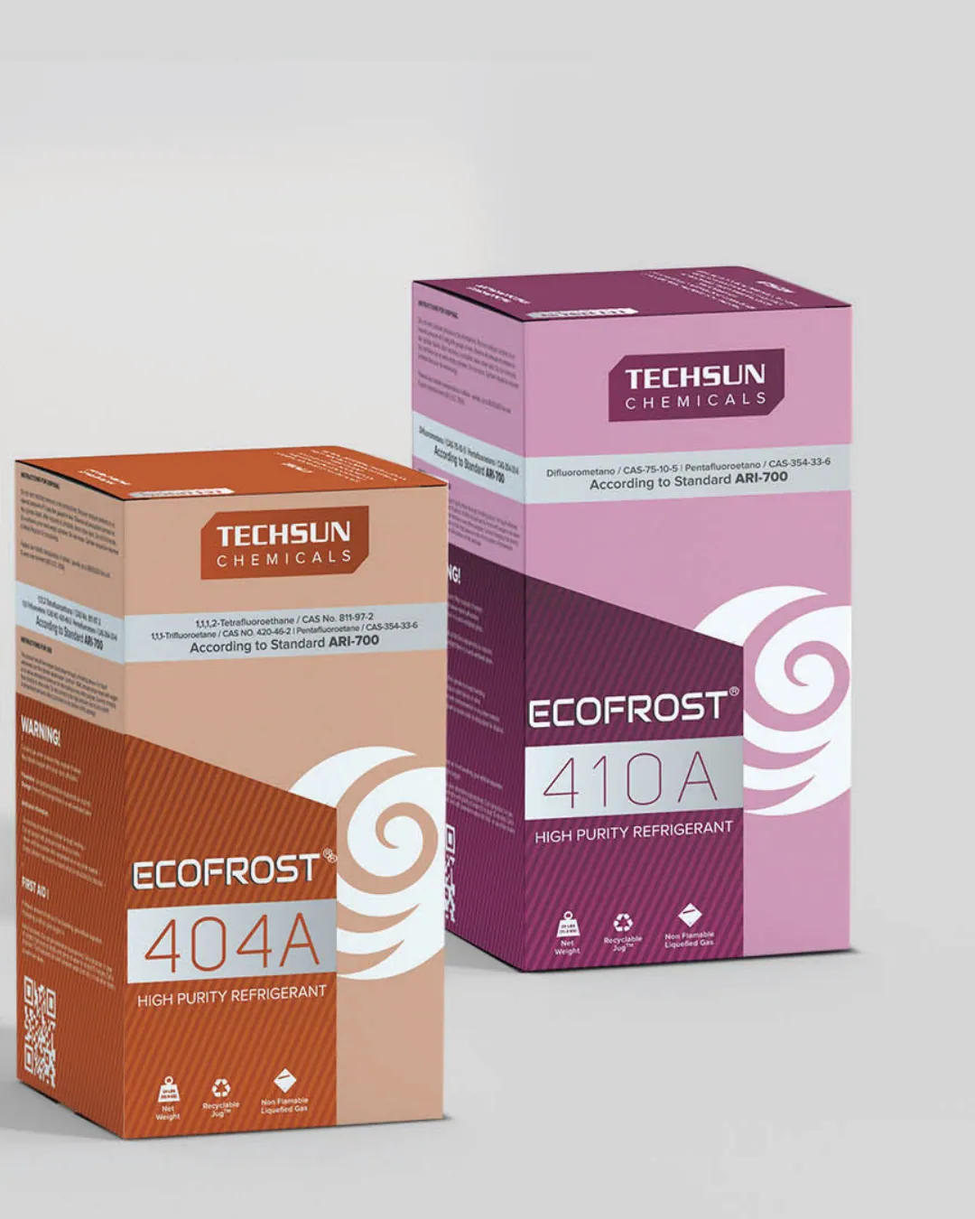 Two Techsun Ecofrost refrigerant boxes, 404A in orange and 410A in pink