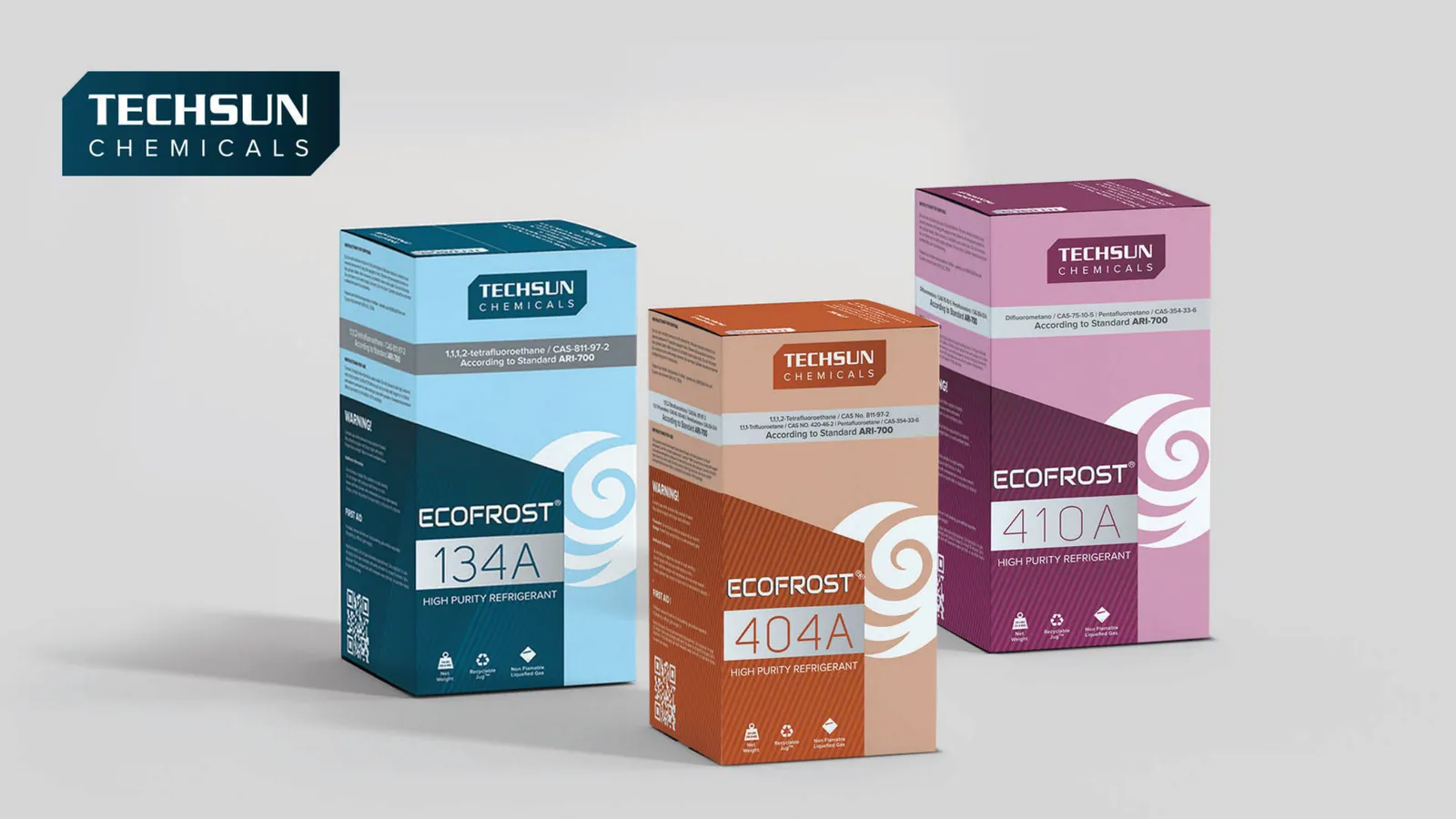 Three Techsun Ecofrost boxes, 134A in blue, 404A in orange and 410A in pink