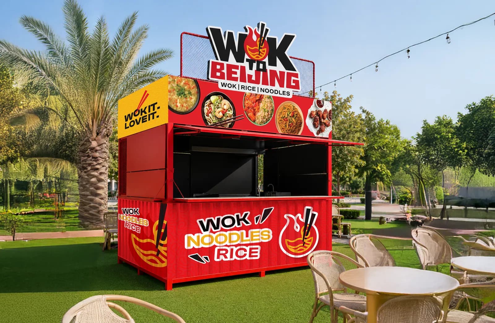 A red and yellow Wok to Beijing food cart under palm trees, with the logo on top and Wok, Noodles, Rice on its side