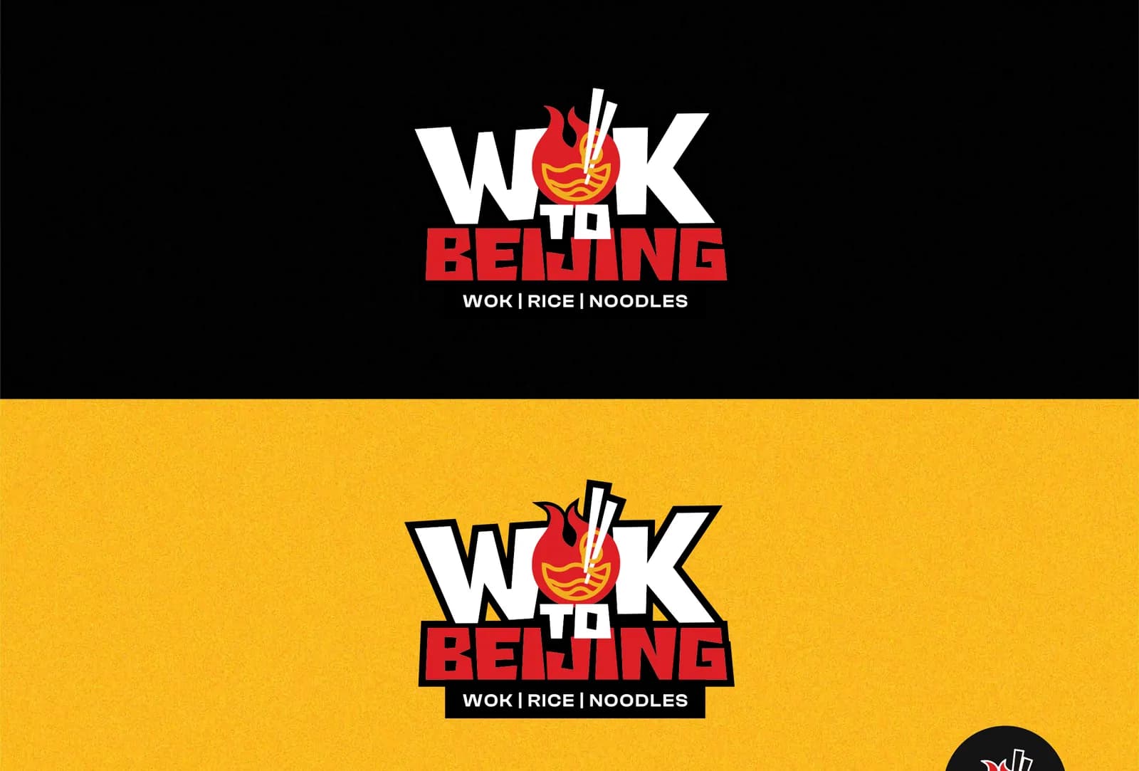 The Wok to Beijing logo, a flaming bowl with chopsticks above Wok, Rice, Noodles, on a black band and on a yellow band