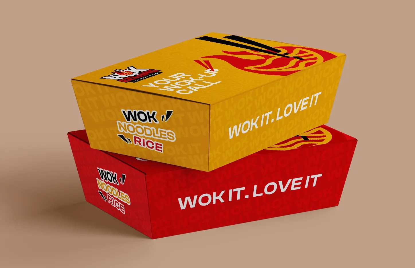 Two Wok to Beijing takeaway boxes, one yellow and one red, printed Wok it. Love it