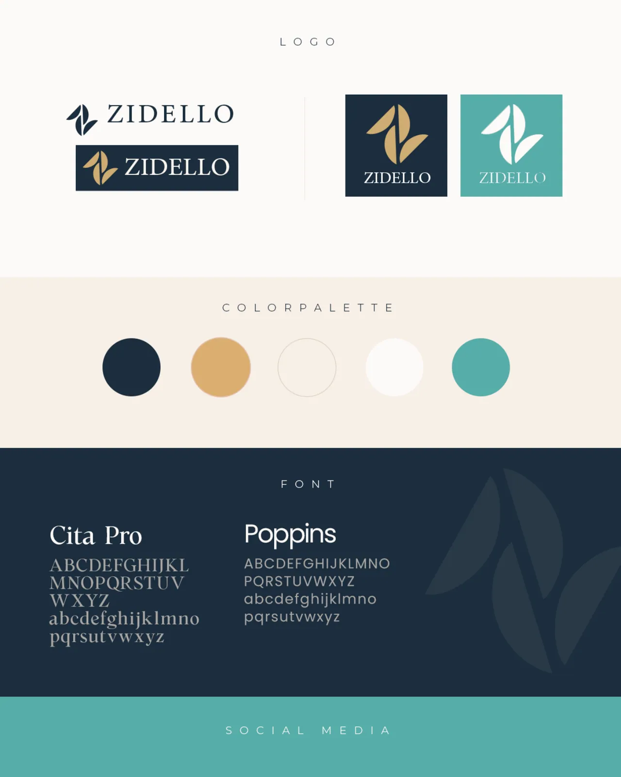 Zidello's logo in navy, gold and teal versions above five colour swatches