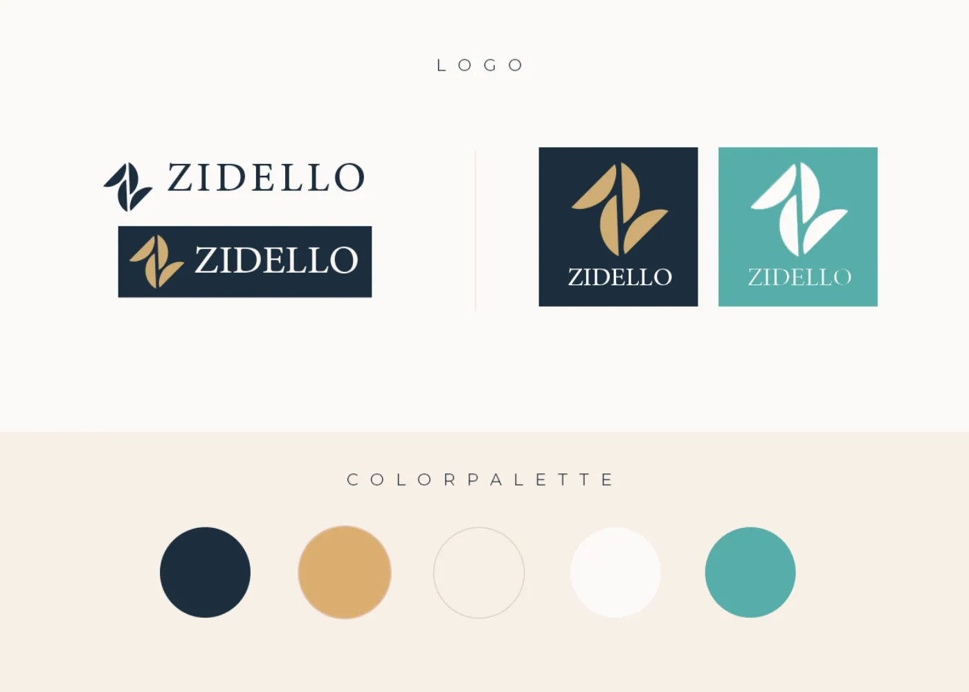 Zidello's logo in navy, gold and teal versions, above a row of five colour swatches